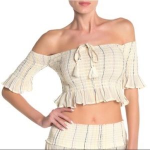 Surf gypsy sunset stripe off the shoulder crop top